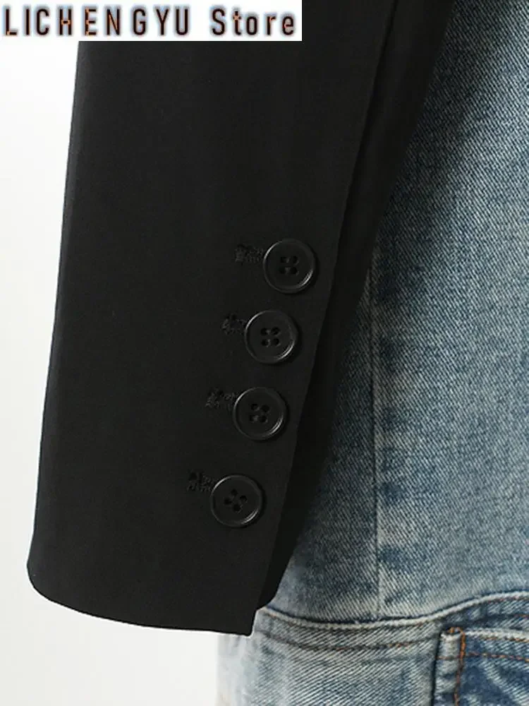 Loose Fit Black Denim Color-block Long Jacket New Lapel Long Sleeve Women Coat Fashion Tide Spring Autumn