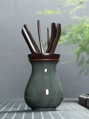Black Ebony Wood Bamboo Ceramic Tea Set Six Gentlemen Set Longquan Porcelain Tea Accessories Ice Crack Pattern Vintage Style