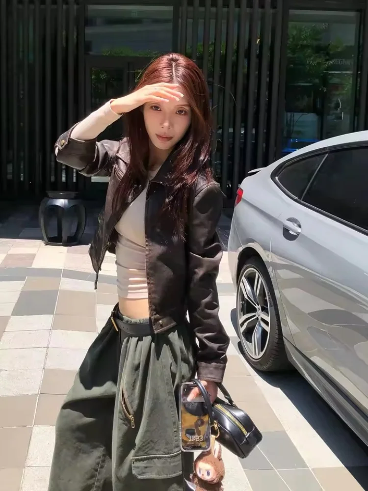 American Short Leather Jacket Women's Cool Cruel Wind Slimming Long Sleeves Zipper Motorcycle PU Jacket Top