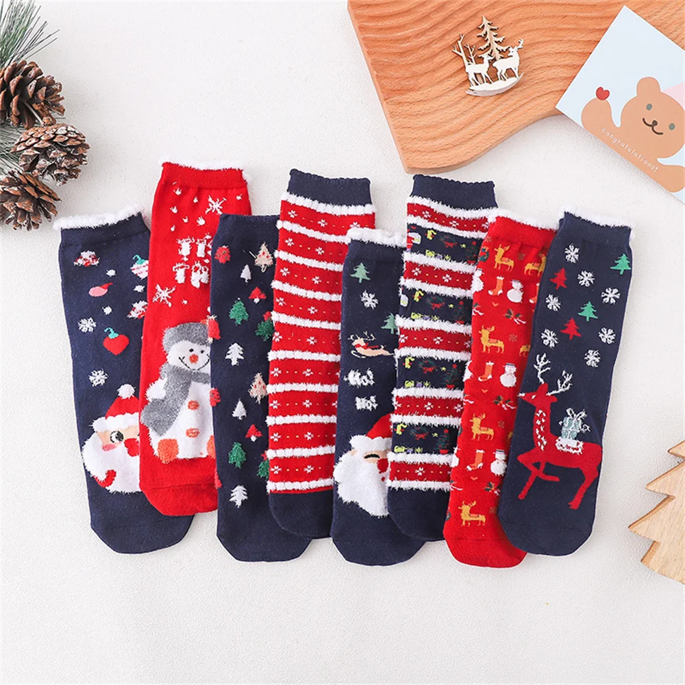 1 Paar süße Weihnachts socken bequeme weiche Korallen Plüsch dicke warme Cartoon elastische Eltern-Kind-Interaktion Weihnachts socken