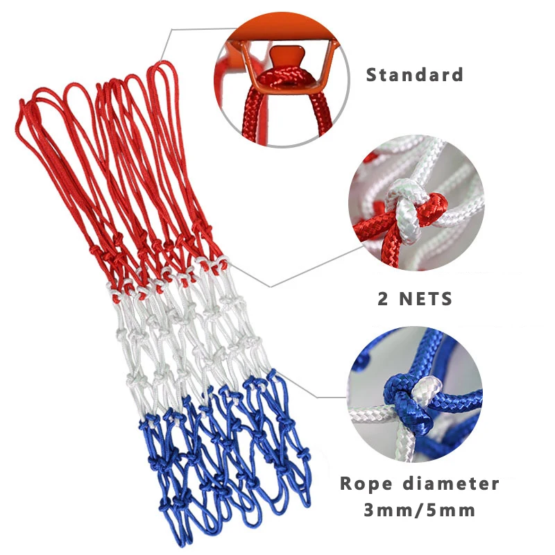 Standard Basketball Net Red+White+Blue Tri-Color Basketball Hoop Net Powered Basketball Hoop Basket Rim Net