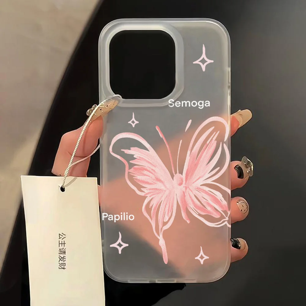 Pink Butterfly Silicone Phone Case For iPhone 11 12 13 14 15 Pro Max Plus 12 Mini 14 Plus Translucent Slim Silky Skin Soft Cover