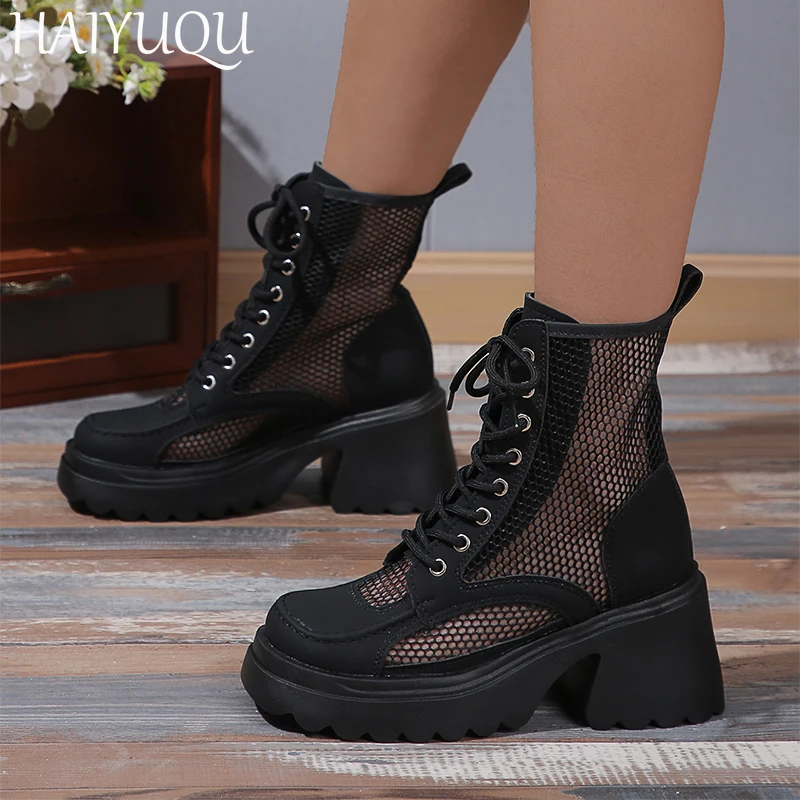 Women Mesh Chunky Ankle Boots Winter Mid Heels Shoes Woman 2025 Trend Fashion Designer New Walking Dress Snow Boots Mujer Botas