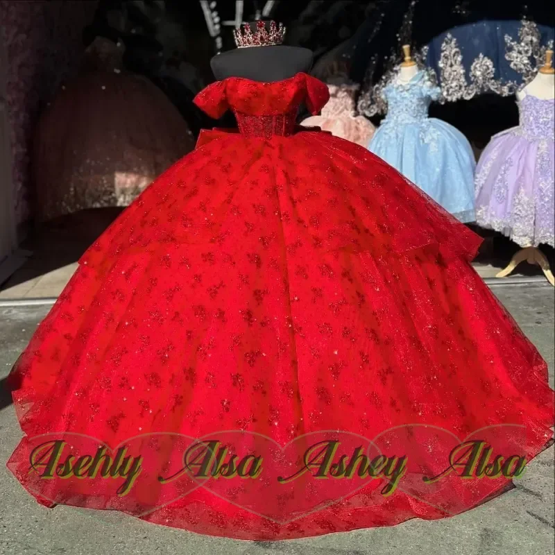 Glitzerndes rotes Quinceanera-Kleid, schulterfreies Ballkleid, Spitze, Perlen, Kristalle, Tüll, Sweet 16, Vestidos De 15 Anos