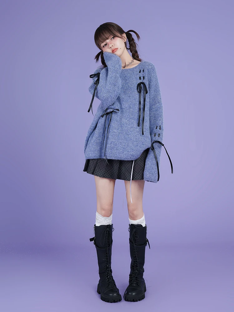 2023 New Autumn And Winter Japanese Style Sweet Cool Gray Blue Lace Bow O-Neck Sweater Loose Sliding All-Matching Knitwear Top