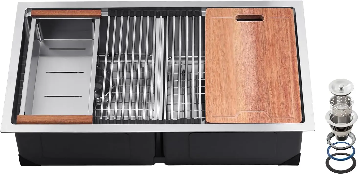 

Двойная кухонная мойка 33 фута, раковина для фермерского дома под креплением из нержавеющей стали 304 со ступенькой и аксессуарами