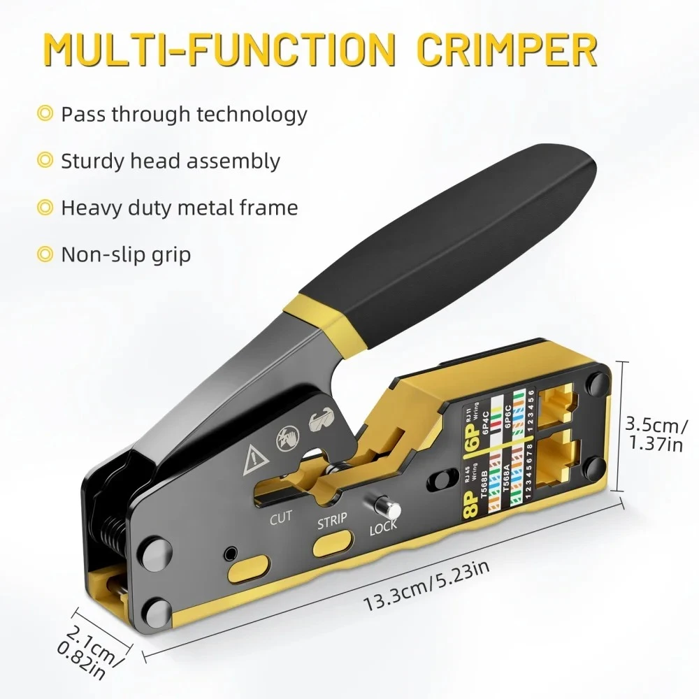 Multifunction RJ45 Pass Through Crimping Tool,3-in-1 Ethernet Cable Crimper Stripper Cutter For Cat6 Cat5e/5 8P6P Modular Plug
