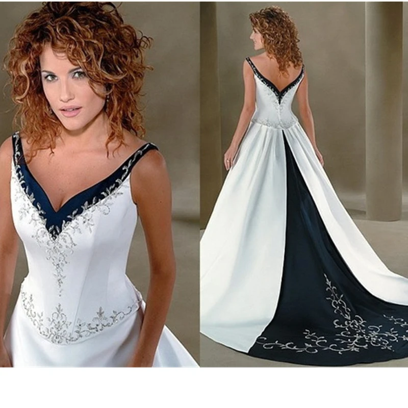 Robe de mariée brodée classique pour femme, col en V, sans manches, blanc et noir, une ligne, satin, patients, quel que soit le tribunal, train, robe personnalisée