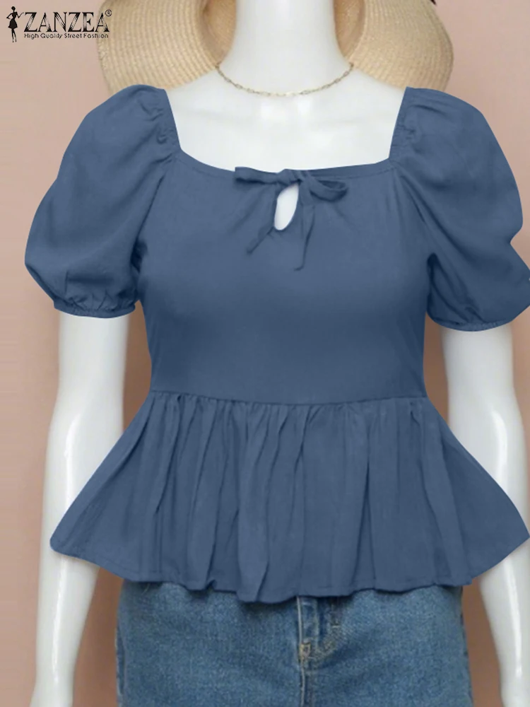 

ZANZEA Elegant Blouse Women Summer Puff Sleeve Tunic 2025 Fashion Tops Casual Square Collar Solid Ruffled Lace-up Vintage Shirts