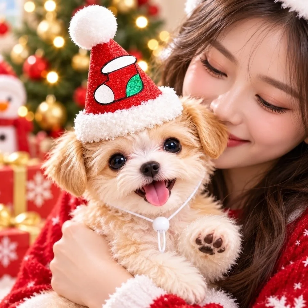 Handmade Christmas Pet Hat Soft Pompon Adjustable Strap Dog Knitted Bonnet Knitted Yarn Lightweight Fit Yarn Kitten Headwear