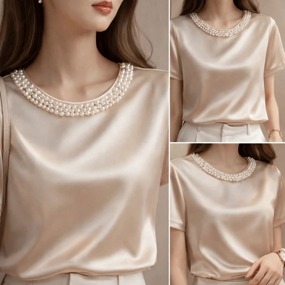 Light Luxury Loose Satin Silk T-Shirt Elegant Summer Women's Tops French Style Short Sleeve Top Office Dress