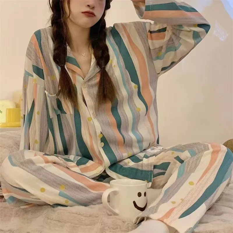 Plaid Women Pajamas Sets Korean Sleepwear 2 Piece Female Pyjama Lady Loungewear Long Sleeve Top Pants Pijama Cute Nightwear Pjs