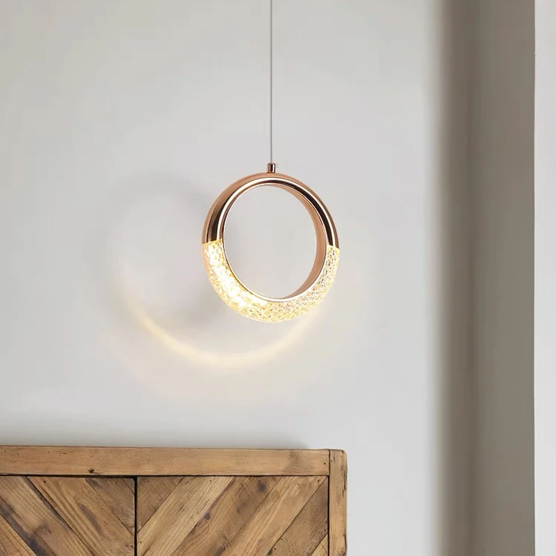 

Luxury Bedside Small Ring Pendant Lights Plastic Body And Acrylic Lampshade Round Chandeliers Bar Home Decor LED Hanging Lustres