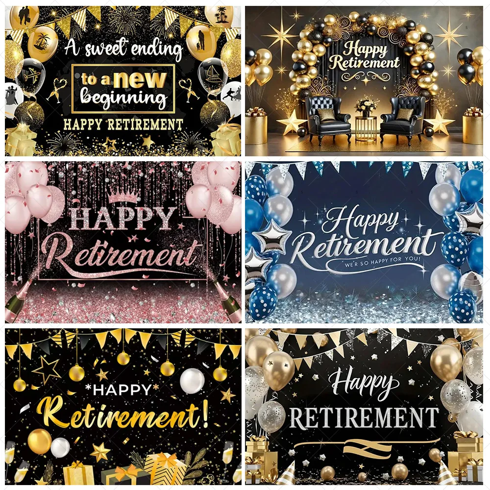 

Black Gold Glitter Balloon Photography Backdrop Adult Happy Retirement Background Banner Celebrate Retirement Party Decoration
