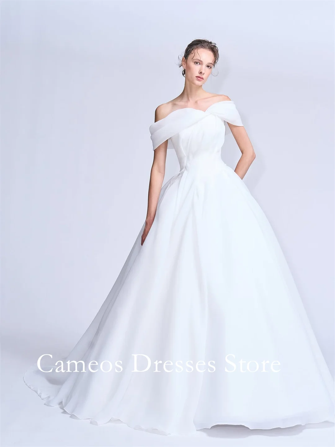 SONDR Off Shoulder Fold Tulle Ball Gown Wedding Dress Fitted Waist Voluminous Skirt With Hidden Side Pockets Elegant Bridal Gown