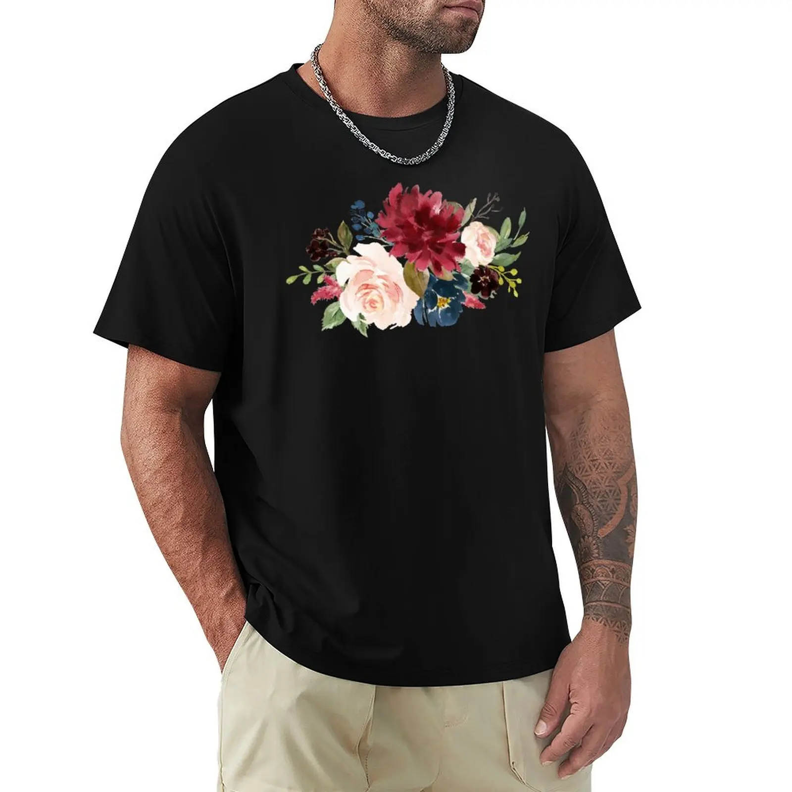 

Burgundy Navy Peach Watercolor Flowers T-Shirt Casual Simple Design Short Sleeve Shirt