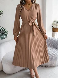 Women's Autumn and winter elegant V-neck buttoned lace-up pleated long skirt dress