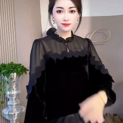 2024 Autumn Winter New Patchwork Gold Velvet Top Korean Versatile Slim Shirt Base Shirt Women's Inner Layer Long Sleeved Shirt