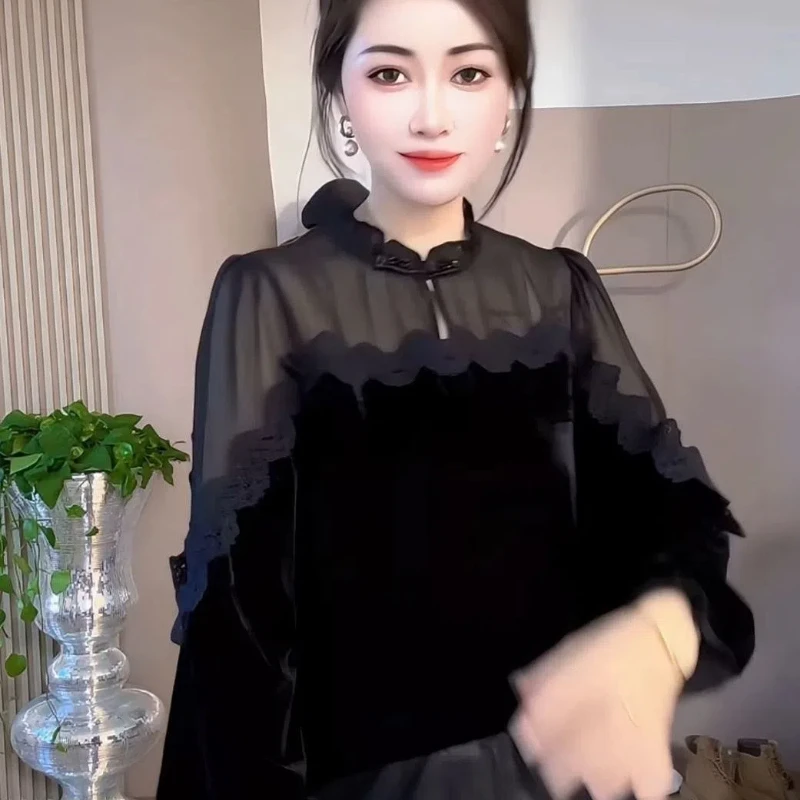 2024 Autumn Winter New Patchwork Gold Velvet Top Korean Versatile Slim Shirt Base Shirt Women's Inner Layer Long Sleeved Shirt