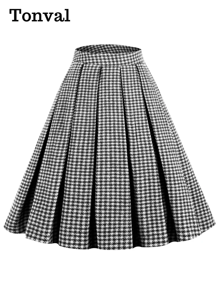 Tonval Green Houndstooth Plaid Vintage Pleated Skirts for Women 2023 Autumn Winter Elegant Knee Length Rockabilly Skirt