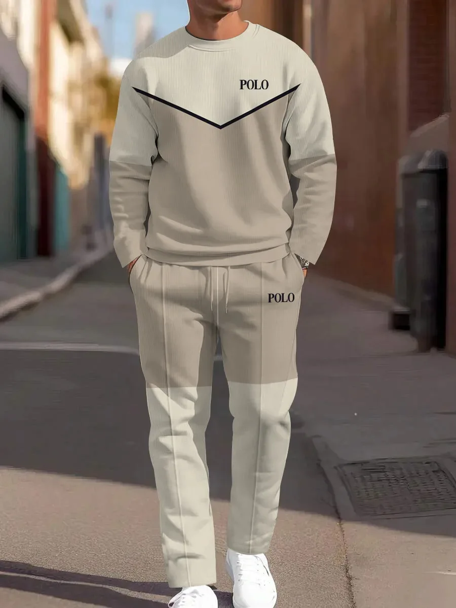 Mens Cross Border Round Neck Tech Print Casual Sports Set Long sleeve Top  Long Pants Loose fit Sweater and Sweatpants 2piece Se
