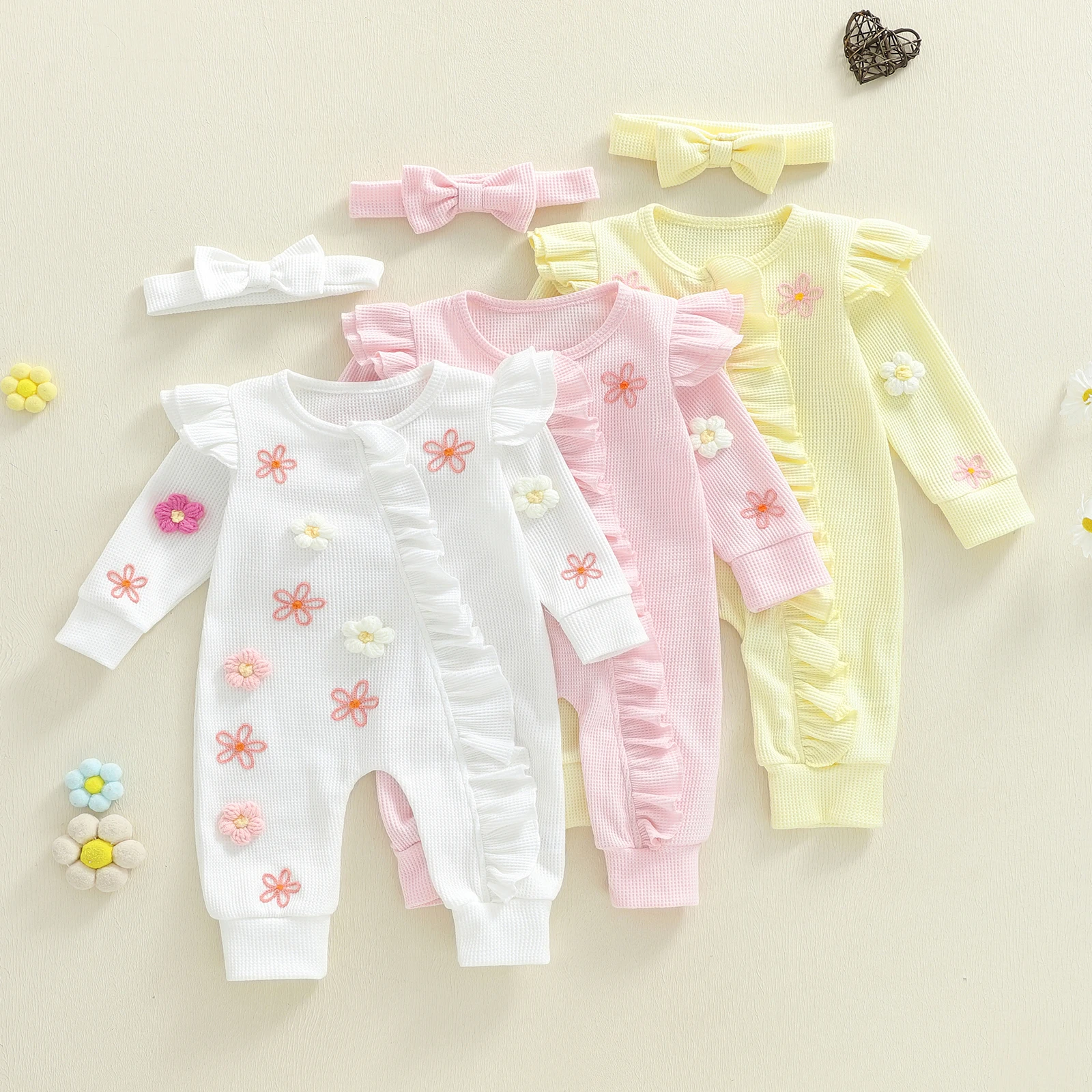Sweet Baby Girl Fall Rompers Outfits Long Sleeve Round Neck 3D Flower Ruffle Jumpsuit with Headband Set