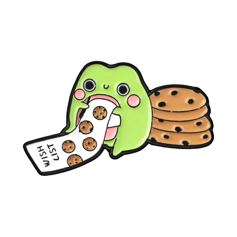 Frog With Wish List Cookies Enamel Pins Playful Cute Foodie Frog & Cookie Brooches Backpack Lapel Badge Jewelry Gift for Friends