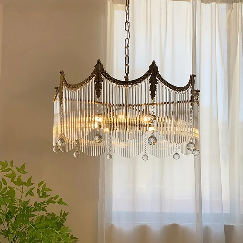 French Style Light Luxury Retro Round Crystal Glass Strip Living Room Pendant Light Dining Room Bedroom Study Crown Light