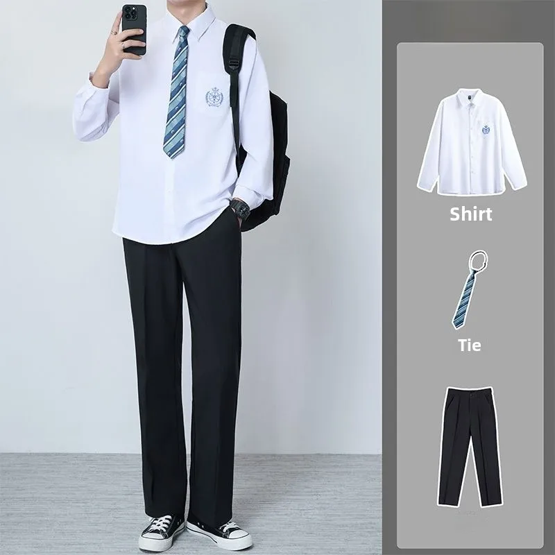 

Men's Full Set Casual Long Sve irt Tie Japanese Sle Student Class orm JK Pure White Faion Urban Spring Autumn Wear