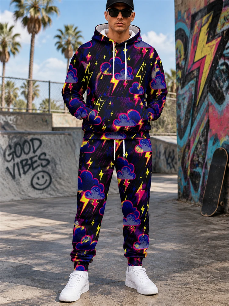 2026 New Fall/Winter Shark-Print Hooded Set Hip-Hop Men's Sweatshirt Casual And Fashionable Two-Piece Set Sportswear