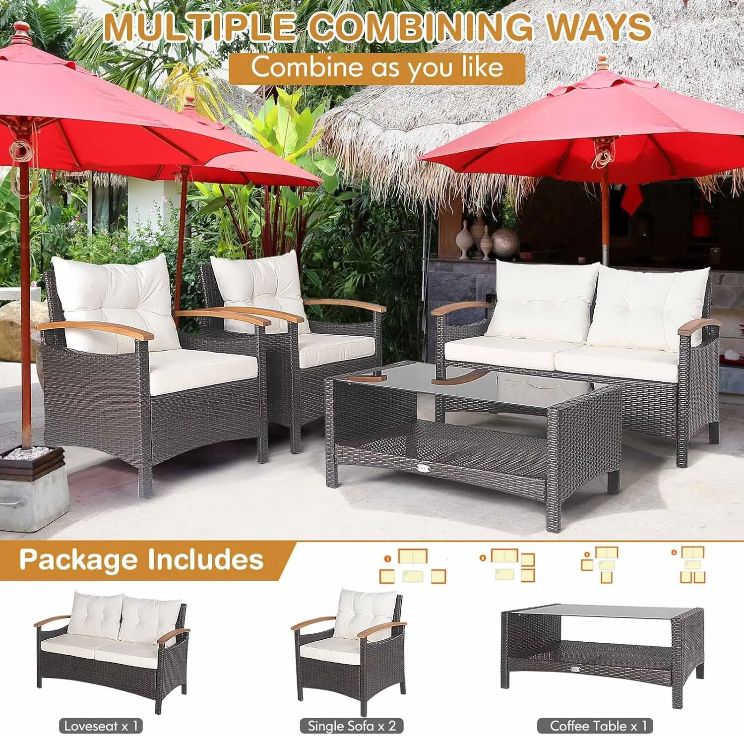 4 Piece Patio Rattan Conversation Set, Outdoor Wicker Sofa Set W/2-Layer Coffee Table, Backrest & Seat Cushions