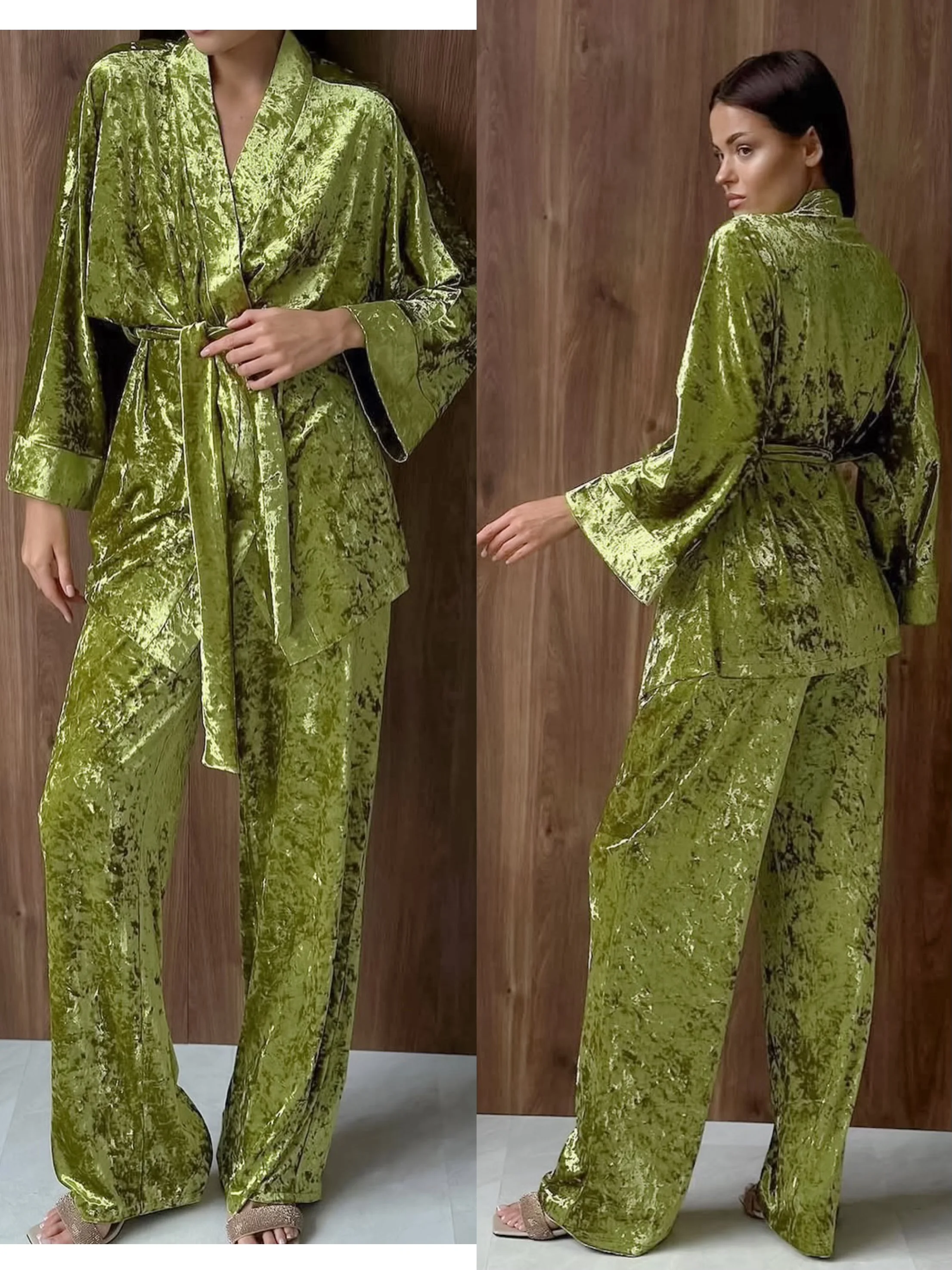 

Новый комплект домашней одежды для женщин: трикотажная пижама из золотистого вельвета с длинными рукавами и длинными брюками, мягкая и удобная, коллекция Весна 2026