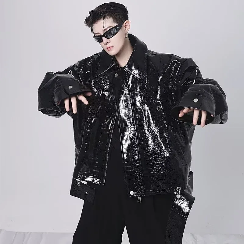 Men Glossy Crocodile‑Embossed PU Leather Zipper Jacket Lapel Removable Hem Metal Ring Decor Oversized Short Coat Y2k Streetwear