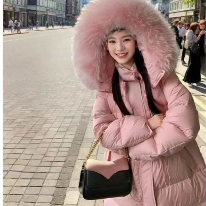 Winter Hooded with A Large Fur Collar Cinched Waist New High-end Warm Coat 2026 Women's Clothing Pink Long Down Jacket for Women
