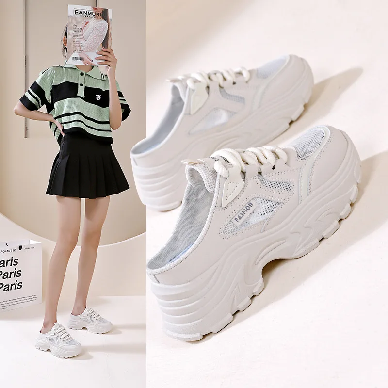 

2025 New Women Half-Slip-On Shoes Thick-Sole Summer Slippers Slim-Fit Heightened Sneakers All-Match White Shoes Women's Sandals