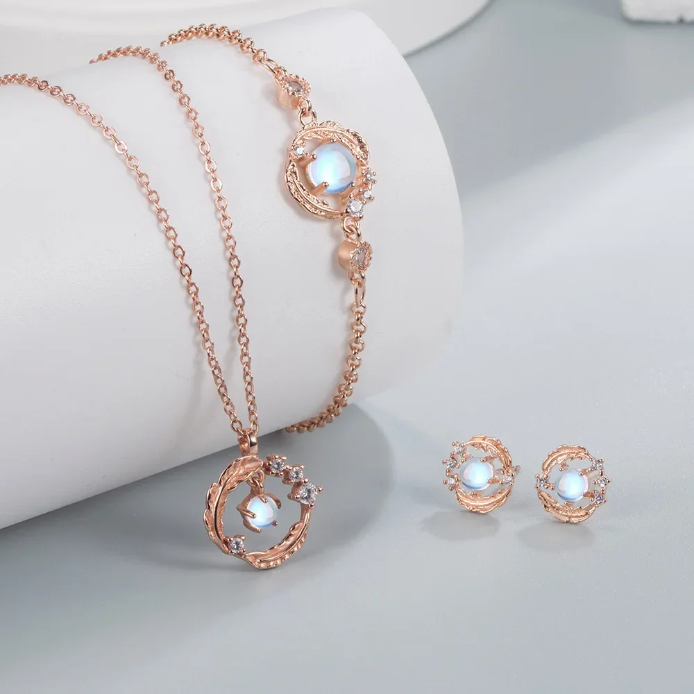 SUYIXIAN S925 argento Sterling pietra di luna piuma si accompagna collana orecchini braccialetto Set gioielli di fidanzamento regalo per le donne