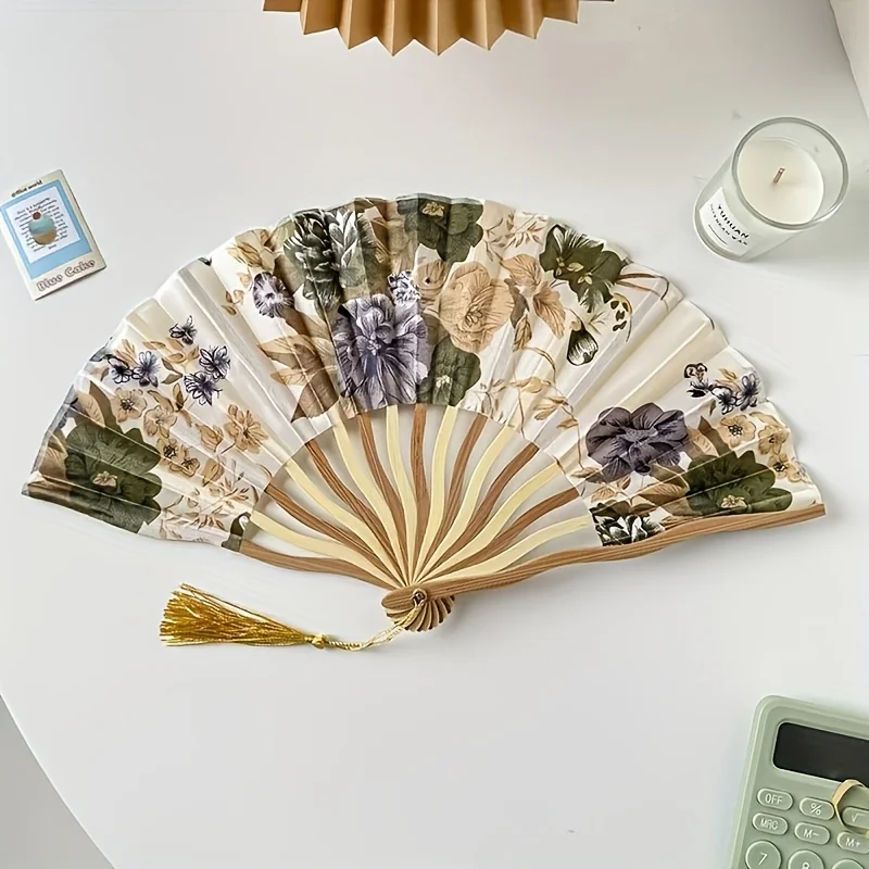 Traditional Chinese Ink Painting Folding Fan Portable Bamboo Cloth Hand Fan with Floral Pattern and Tassel for Qipao Accessory
