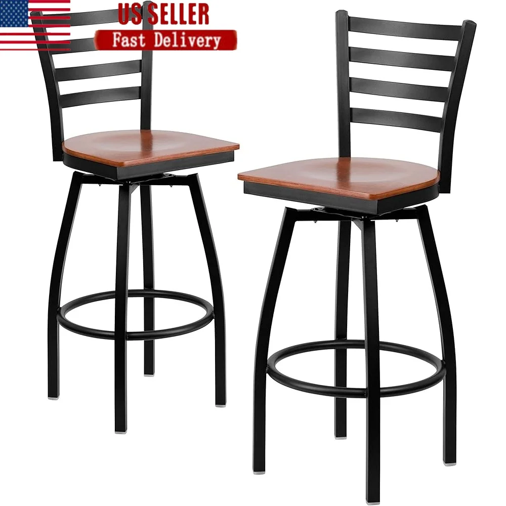 

2 Pack Swivel Metal Barstool Ladder Back Cherry Wood Seat Restaurant Kitchen Dining Stool Commercial Grade Heavy Duty