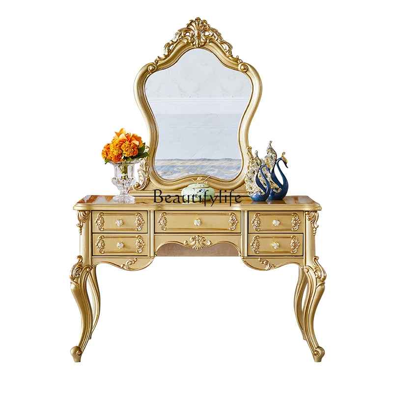 

European solid wood carving flower dresser American retro luxury villa bedroom champagne gold