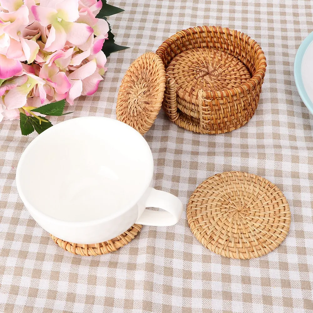 

6PCS Vintage Rattan Coasters Round Tea Cup Mats Heat Insulation Teapot Pad for Home Kitchen Dining Room Coffee Table Decor