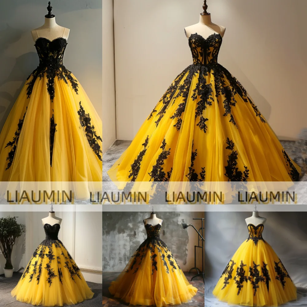 Nuovo classico Tulle giallo e pizzo nero Applique senza spalline abito da ballo abiti da cerimonia da sera Party Lace Up Back Custom A4-7