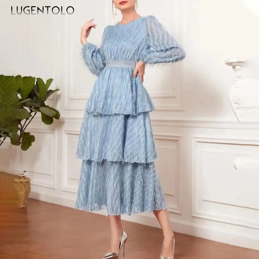 Women French Dress Elegant Lace Retro Long Sleeve Fairy Party Female Temperament Solid O-neck Fashion Cloth Belt not included