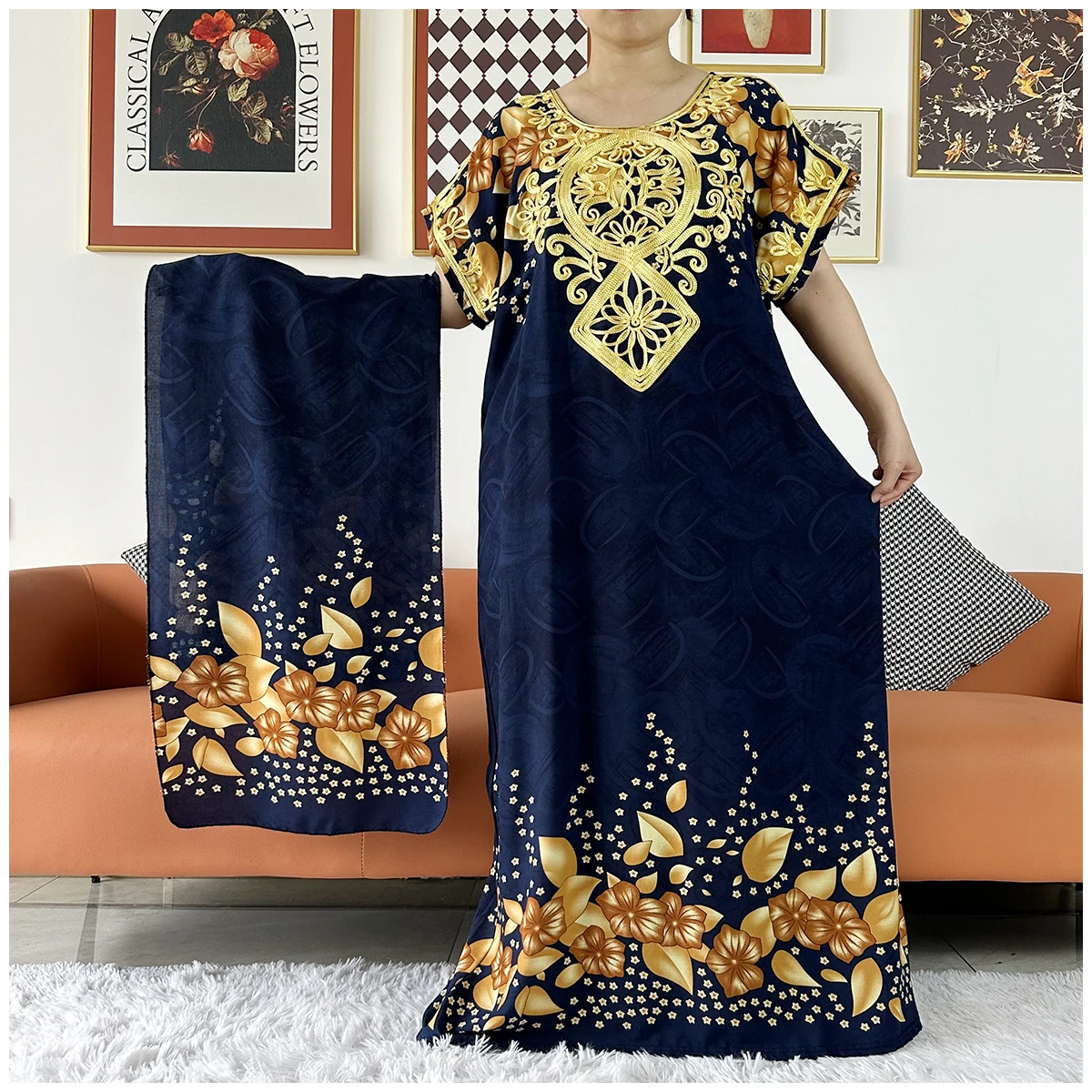 2 Pieces Africa Dashiki Floral Printing Loose Cotton Caftan Lady Summer Maxi Casual Dresses With Scarf  Vestidos Short Sleeve