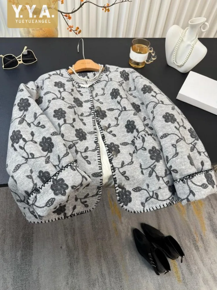 여성 아우터웨어 패션 프린트 트위드 숏 재킷 O넥 싱글 브레스티드 긴 소매 겨울 따뜻한 다운 코트 캐주얼 우아한 여성용