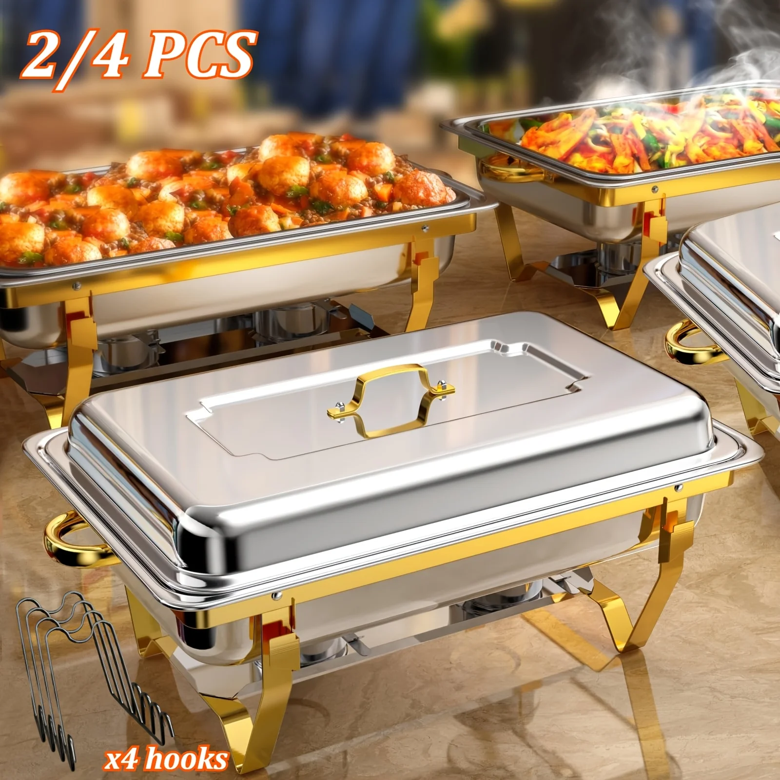 

9QT 4 Set Golden Chafing Dish Buffet Set, Buffet Servers, And Warmers, Stainless Steel Chafers And Buffet Warmers with Full-Size