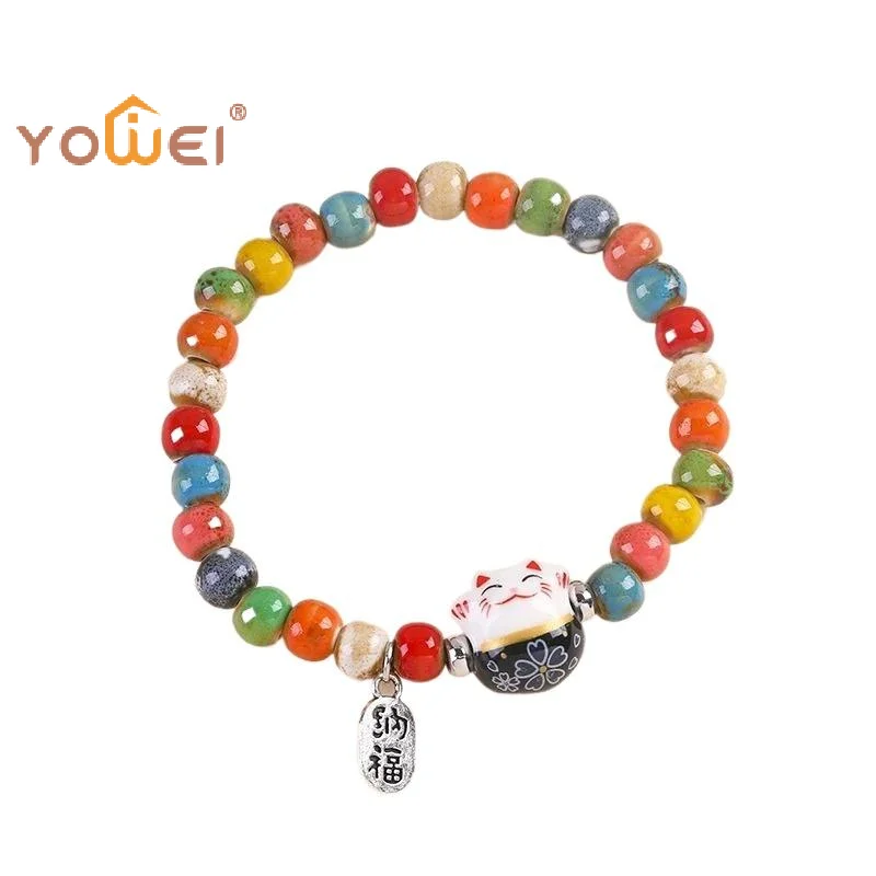 Latest Cute Lucky Cat Bracelet For Girls Adjustable Colorful Beaded Harajuku Ceramic Cat Pendant Charm Jewelry