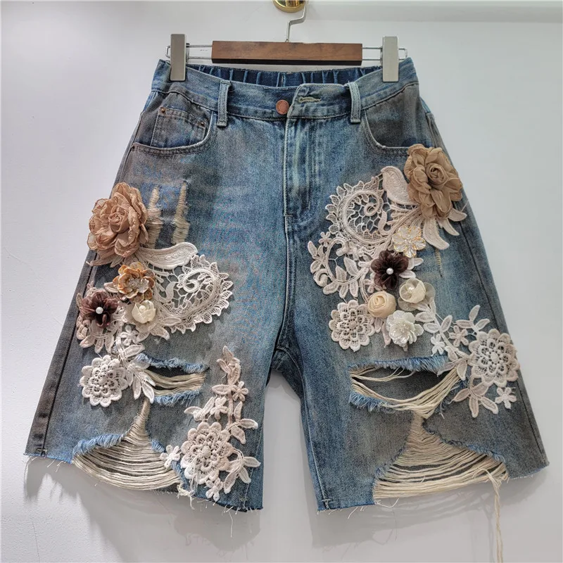Summer Denim Shorts for Women Vintage Lace Appliques Patchwork Hot Pants 2026 New Back Elastic Waisted Ripped Shorts