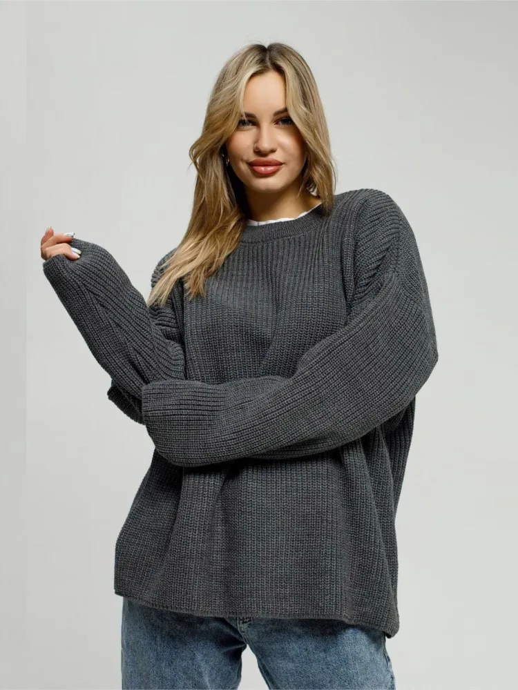

Female Autumn Winter New Casual Loose Knitted Sweater Women Fashion Solid Color O Neck Long Sleeve Knitting Pullover Sweaters