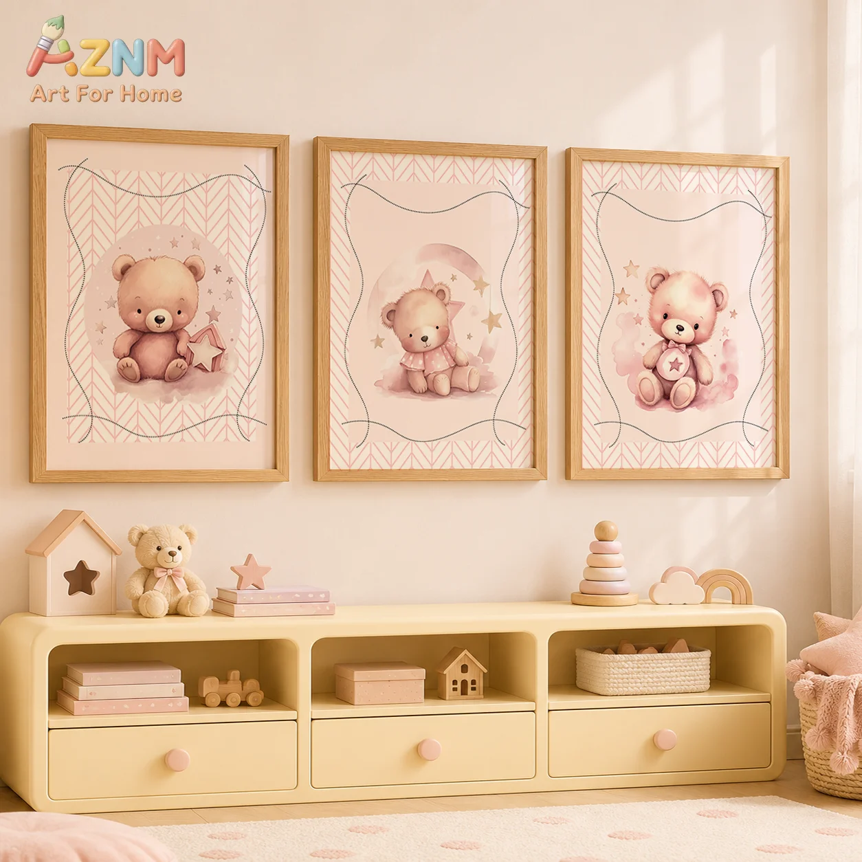 AZNM Pink Watercolor Teddy Bear Canvas Wall Art Print Cute Stars Moon Poster for Baby Girl Nursery Room Decor