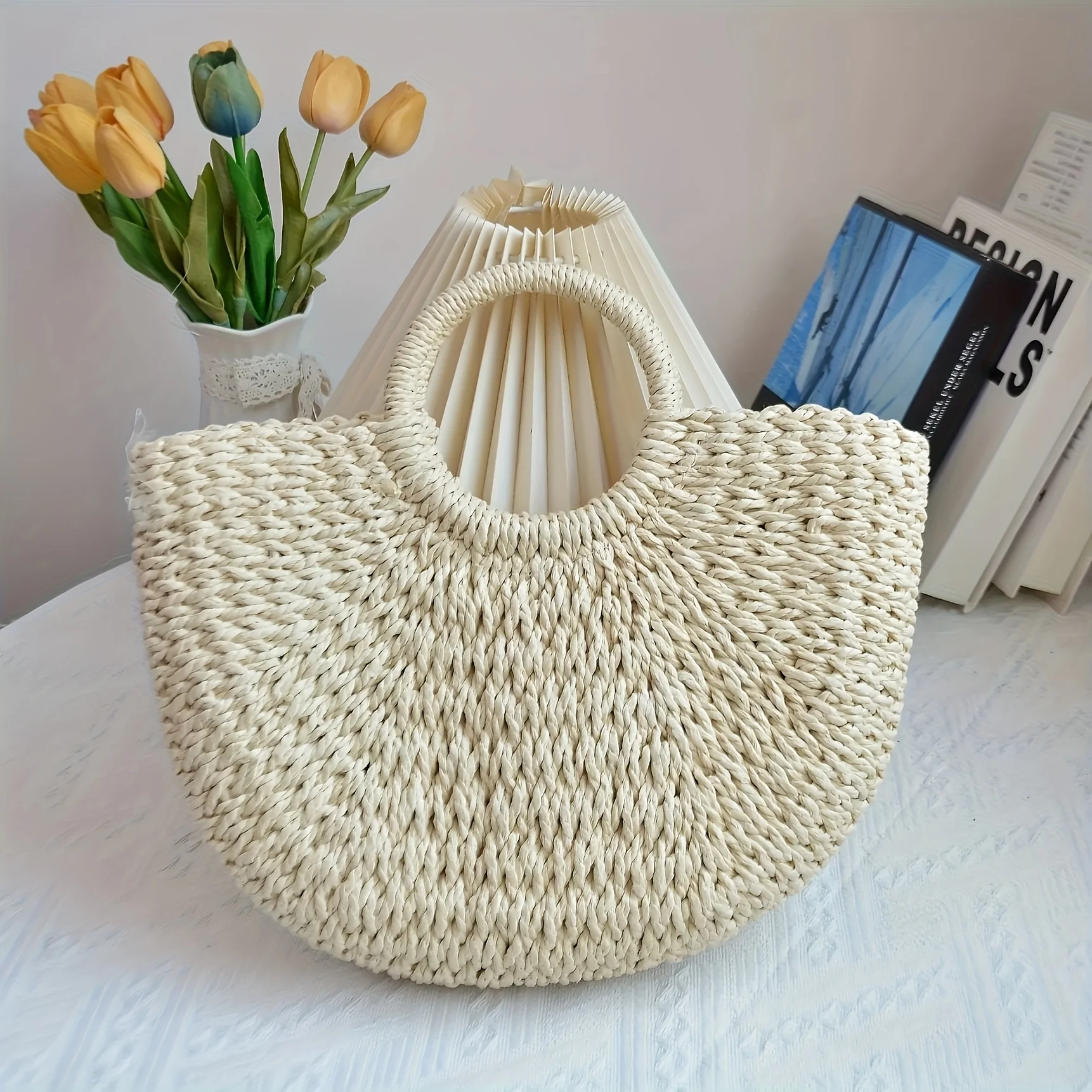 

Bohemian Straw Tote Bag - Large & Small Sizes. Perfect Beach & Travel Bag. Khaki & Beige. Fashion Gift for Her.